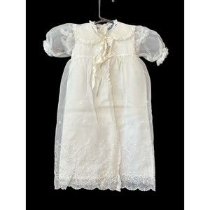 Vtg Phyllis Baby Wear Christening Dress Set White Embroidery Floral Gown Bonnet